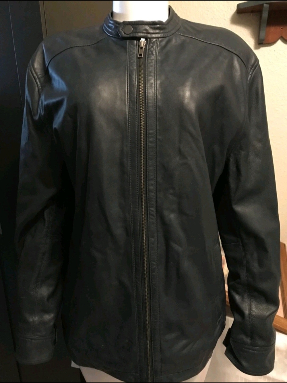 Tasso Elba Black Leather Stand-Collar Bomber Jacket